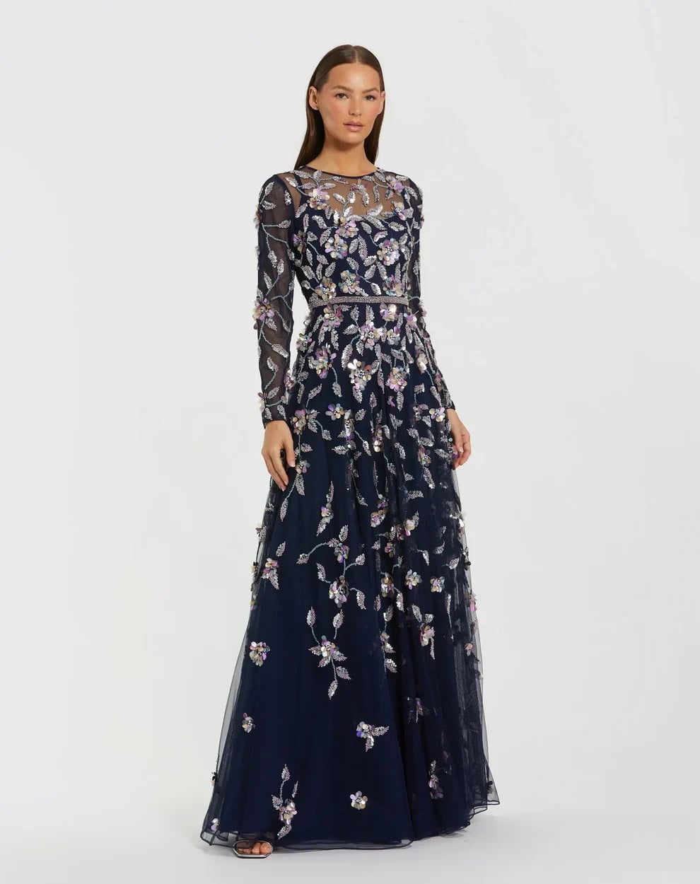 New Mac Duggal Women's 14 Navy Floral Embellished Evening Gown Reg Price $698